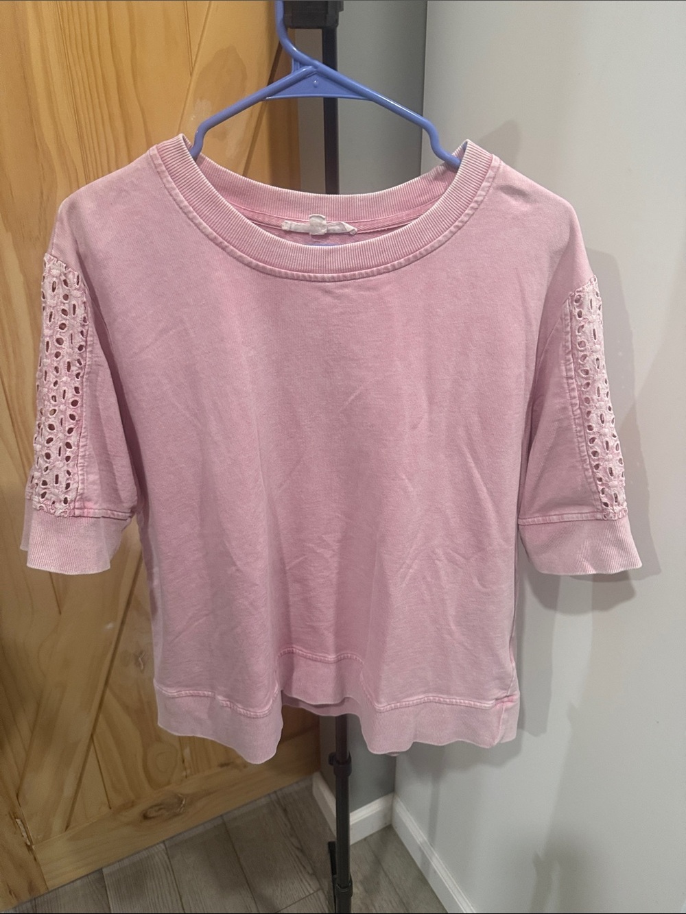Jane and Delancey Light Pink Lace-Panel Short Sleeve Top